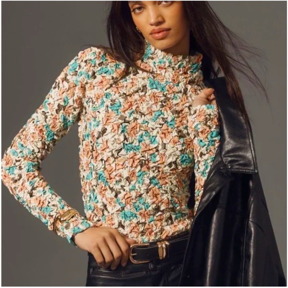 Anthropologie Dolan Floral Mock neck Long sleeve Texturized Scrunchy Top